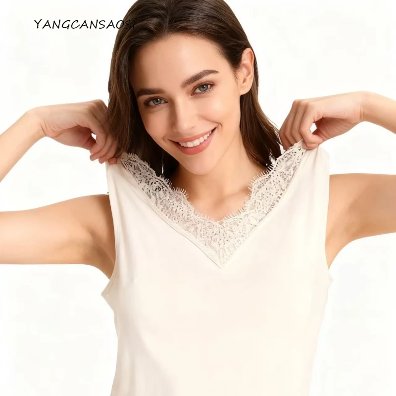

Female Sexy Summer New Style 23% Natural Mulberry Silk Lace V-neck Vest Women's Undershirt Inside Solid Commuter Undershirt