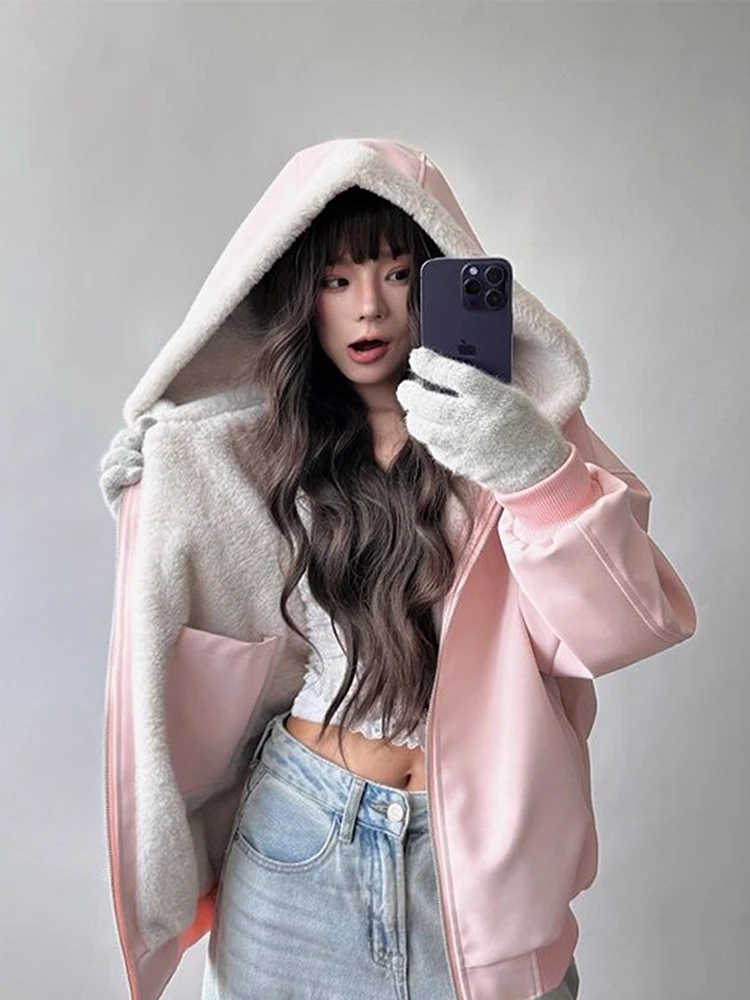 Słodki płaszcz zimowy damski ze skóry PU i bawełny z futrzanym kołnierzem, wzór Orła Górskiego, wyściełany długi płaszcz...