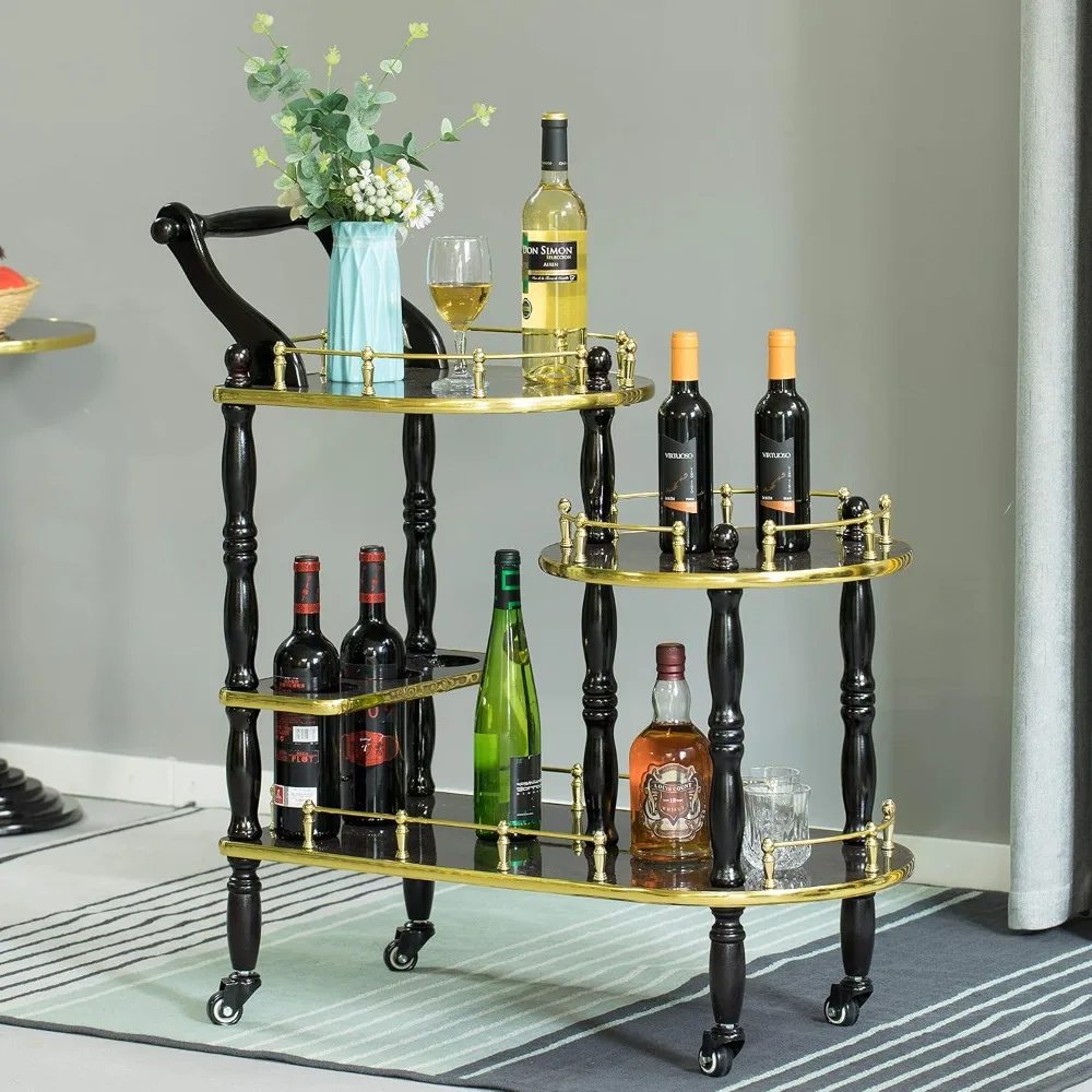 Serving Bar Cart Tea Trolley, 3 Tier Shelves on Rolling Wheels, Mobile Liquor Bar for Wine Beverage Drink Dinner Party