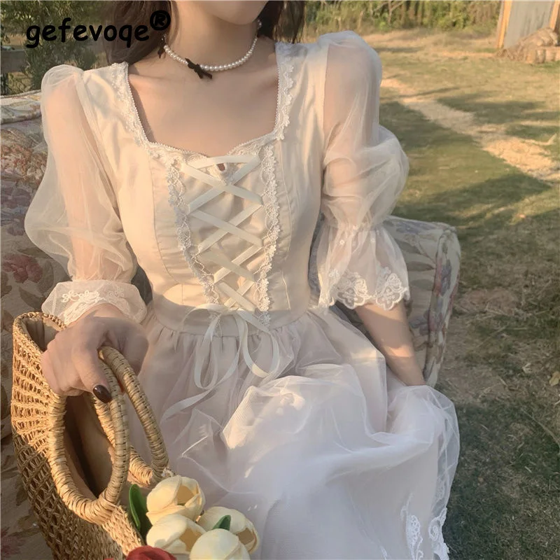 

2022 Summer Vintage French Style White Lace Lolita Fairy Elegant Dresses for Women Casual Square Collar Slim Midi Dress Vestidos