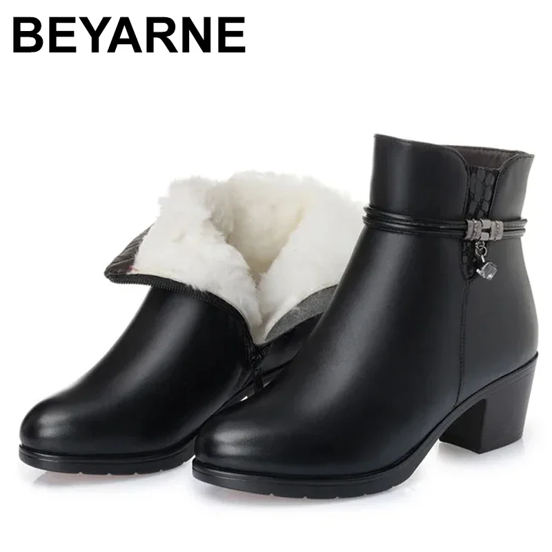 2024 New Fashion Soft Leather Ankle Boot High Heels Zipper Shoe Warm Fur Winter Boots Female Women Shoes Plus Size 43