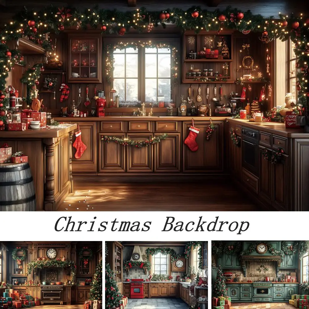 Christmas Kitchen Scene Backdrop Cabinet Kitchenware Xmas Decor Christmas Eve Family Portrait Photography Background Photostudio