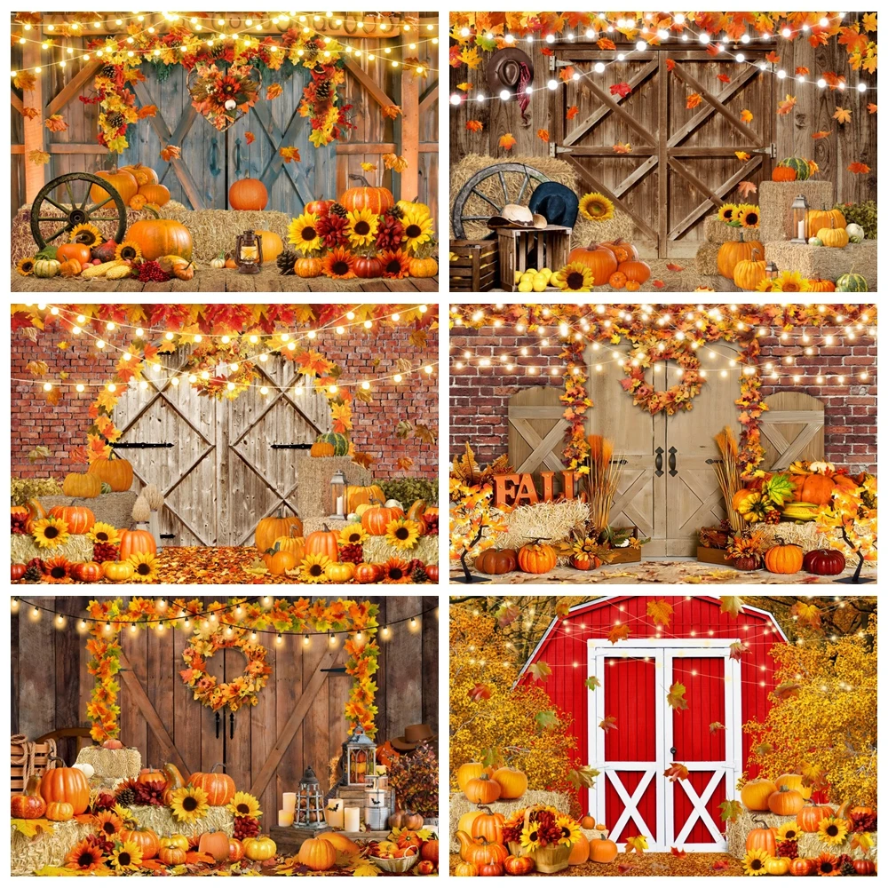 

Autumn Scene Backdrop for Photography Fall Farm Barn Door Pumpkin Haystack Harvest Kids Baby Portrait Photo Background Decor