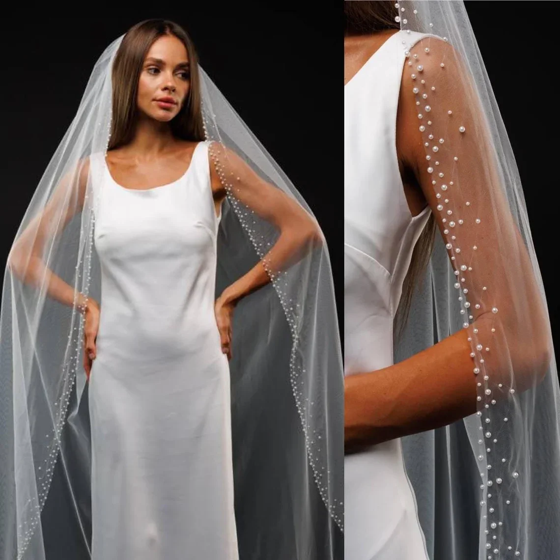 

Фата из белого тюля, однослойная, с коротким жемчугом и бисером, с расческой для волос, элегантный свадебный головной убор, аксессуар G40