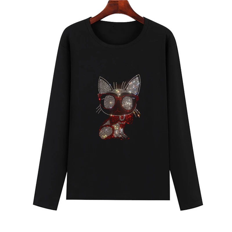 New Harajuku Women's T-shirt Hot Women's T-shirt Long Sleeve Cartoon Cat Shiny Rhinestone Women's T-shirt