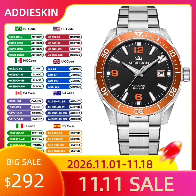 AddiesKin Luxury Automatic Mechanical Watch Sapphire Crystal Stainless Steel 200m Waterproof See-through Back NEW Dive Men Watch