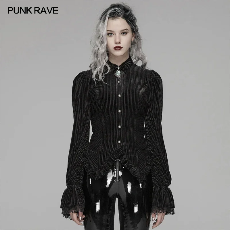 PUNK RAVE Women\'s Gothic Dark-Grain Velvet Elastic Long Sleeve Fashion Shirt Party Club Female Tops Shirts Blouse