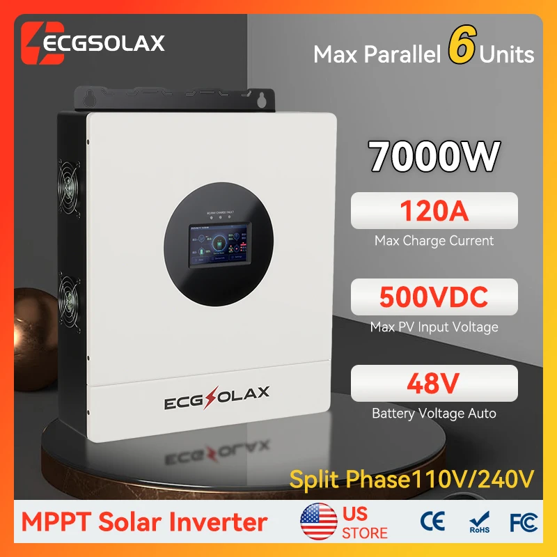 

Гибридный солнечный инвертор ECGSOLAX 7 кВт, 48В, 110В/240В, с разделением фаз, со встроенным контроллером заряда MPPT 120А и Wi-Fi