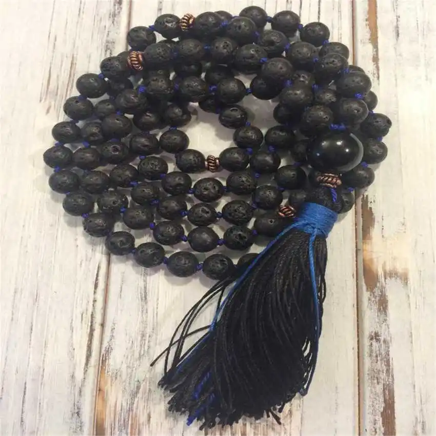

Natural Lava Rock Mala Beads Necklace 108 Beads with Onyx Pendant & Black-Blue Tassel Healing Crystal Jewelry