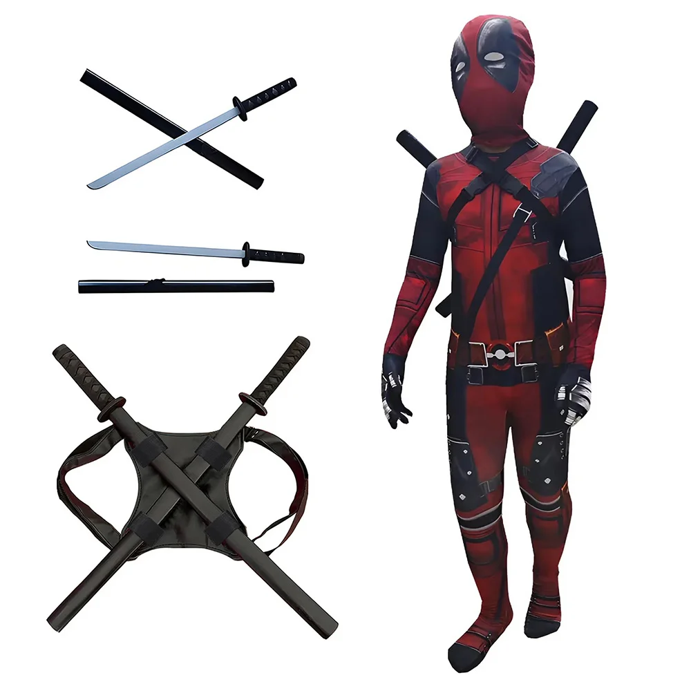 Disfraz Infantil de Deadpool de Alta Calidad, Disfraz de Halloween para Niños, Traje de Película, Mono, Disfraz Infantil de Deadpool con Bolsa para Espada