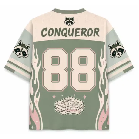 Cheese Conqueror Raccoon Cartoon Mesh V-neck Cute Party Retro Flame and Star Print Casual Loose Street Style T-shirt