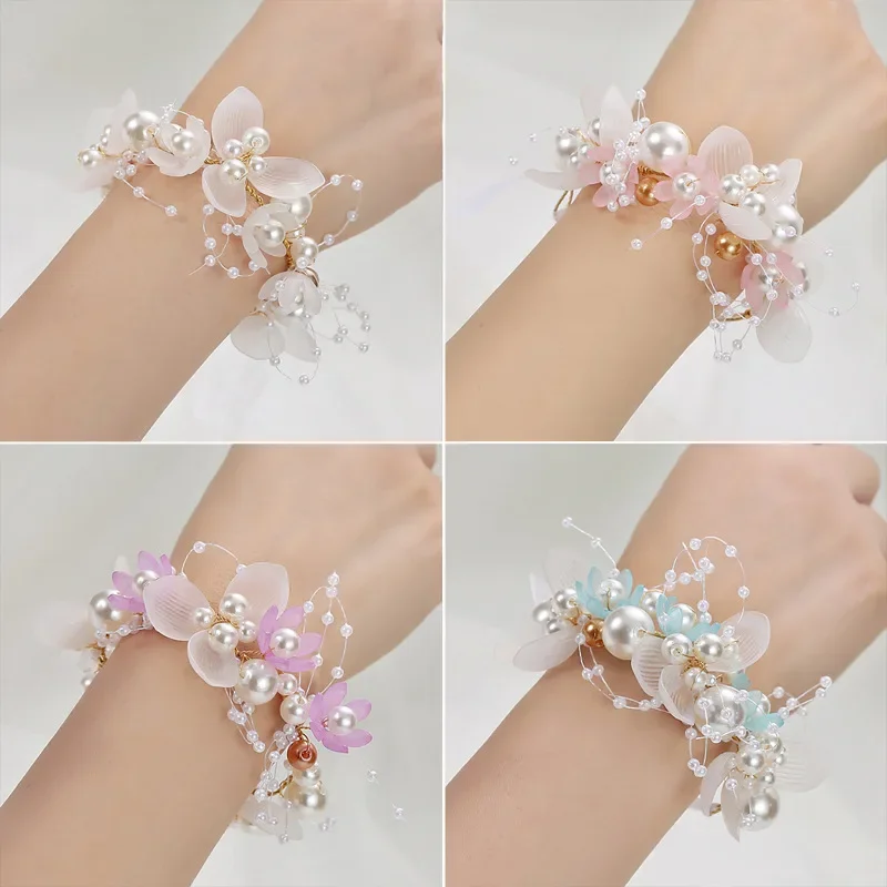 Fashion Pearl Wrist Flower  Girls Bridesmaid Wedding Lace- Hand Flower Bracelet Bridal Prom Accessories Dancing Party Decor Fnaf