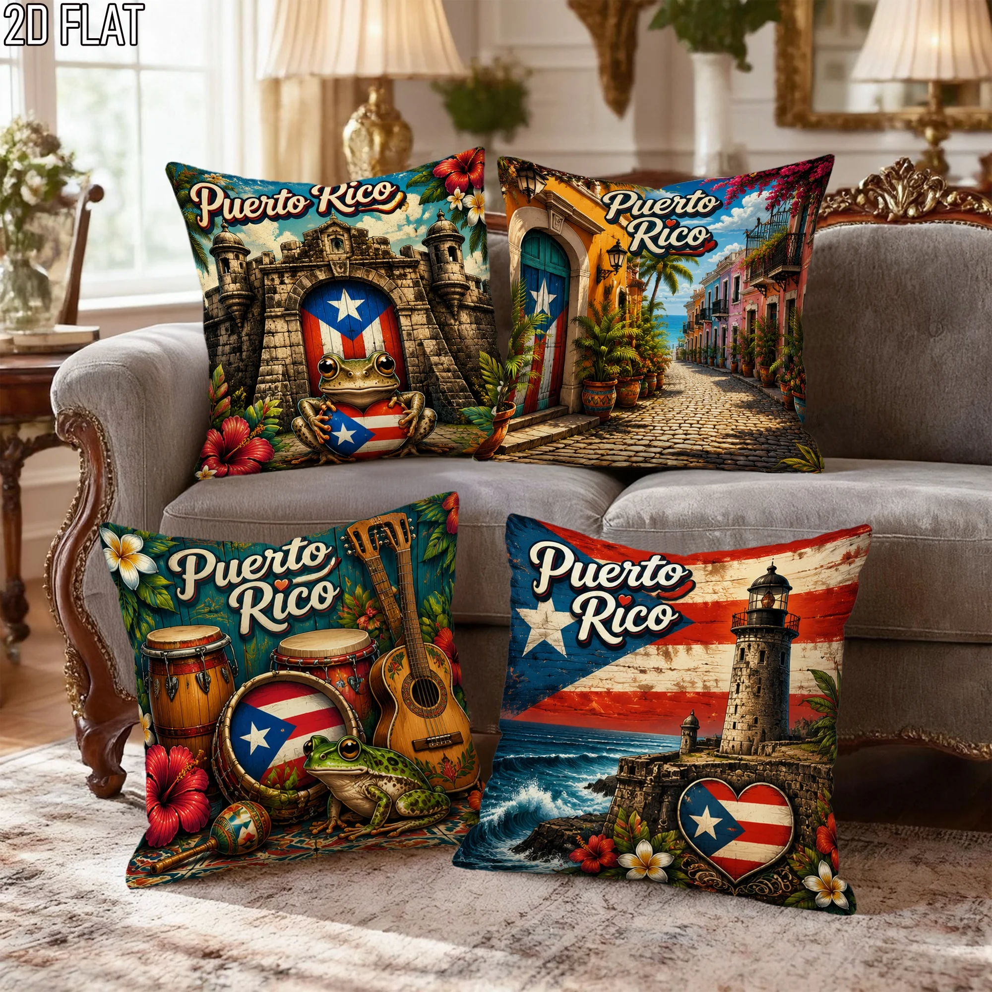 Exotic Puerto Rico Printed Throw Pillow Set of 4 Tropical Cushion Covers for Caribbean Home Decor Digital Print Artwork Pillows