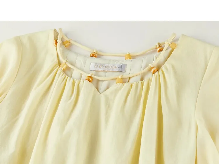 SENTUBILA Damen A-Linien Sommerkleid, Elegantes Cut-Out-Design, Perlenbesetzter Rundhalsausschnitt, Abnehmbare Taillenschleife, Lässiges Kurzarmkleid 162LI5980 – Detail 33