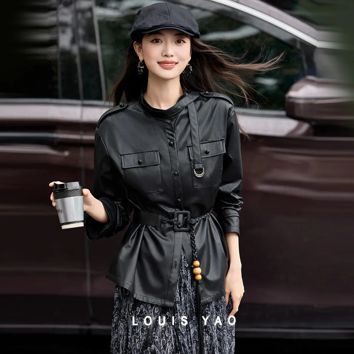 

LOUIS YAO Retro Faux Leather Women's Jacket 2025 Winter High Street Ofice Lady Drop Sleeves Mandarin Cardigan Women Coats