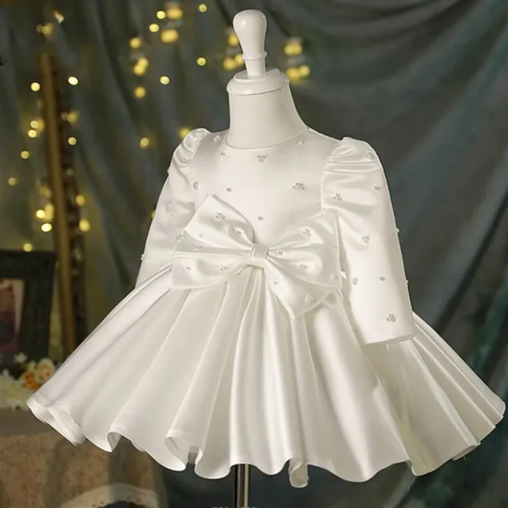 

White Satin Flower Girl Wedding Dress Pearls with Bow Baby Princess Birthday Party Pageant Dress Child Baptism Communion Gown