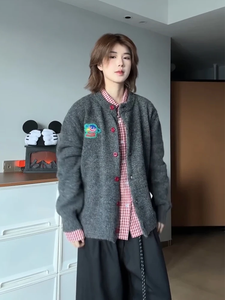 

Retro American Cartoon Embroidered Open Cardigan Sweater Men's Sle Autumn Winter Casual Knitted Outerwear Couple's Jaet