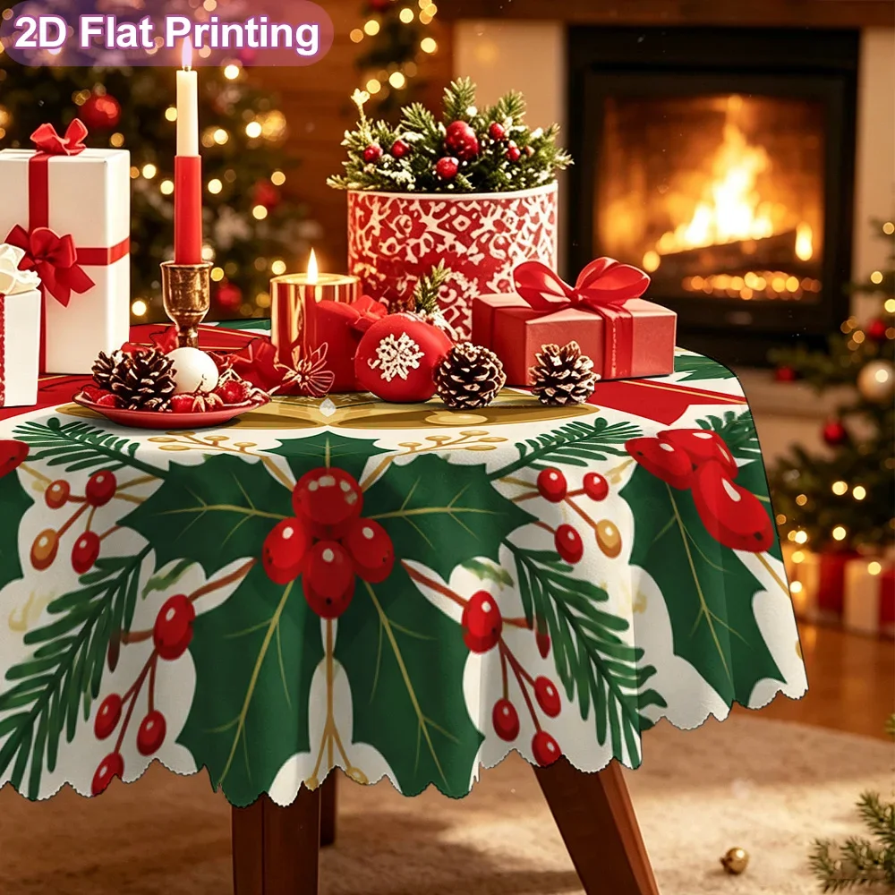 tablecloth, charming Christmas bell garland with berry illustration round tablecloth, durable tabletop decorative table cover