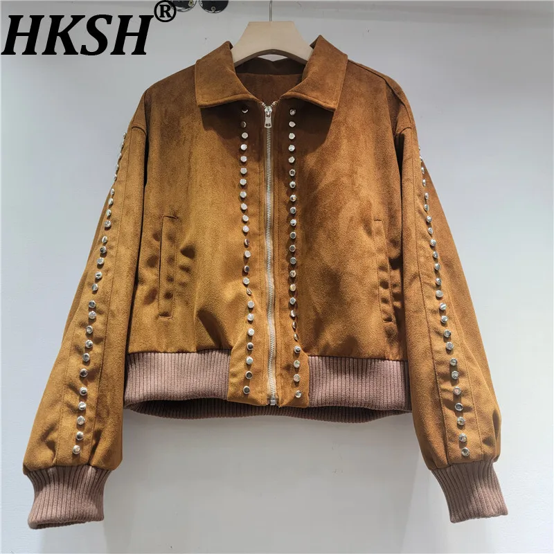 

HKSH весенне-осенняя новая женская куртка из искусственной замши с заклепками и отложным воротником на молнии, трендовая уличная одежда, повседневное пальто в американском стиле ретро HK13590