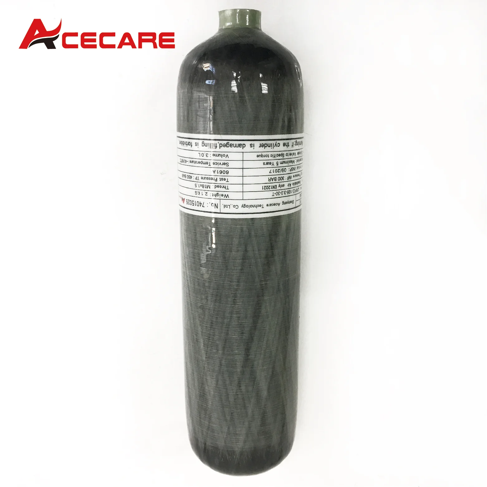 Acecare 3L คาร์บอนไฟเบอร์กระบอกสูบ 4500Psi 300Bar แรงดันสูงกระบอกสูบดําน้ําถังด้าย M18 * 1.5