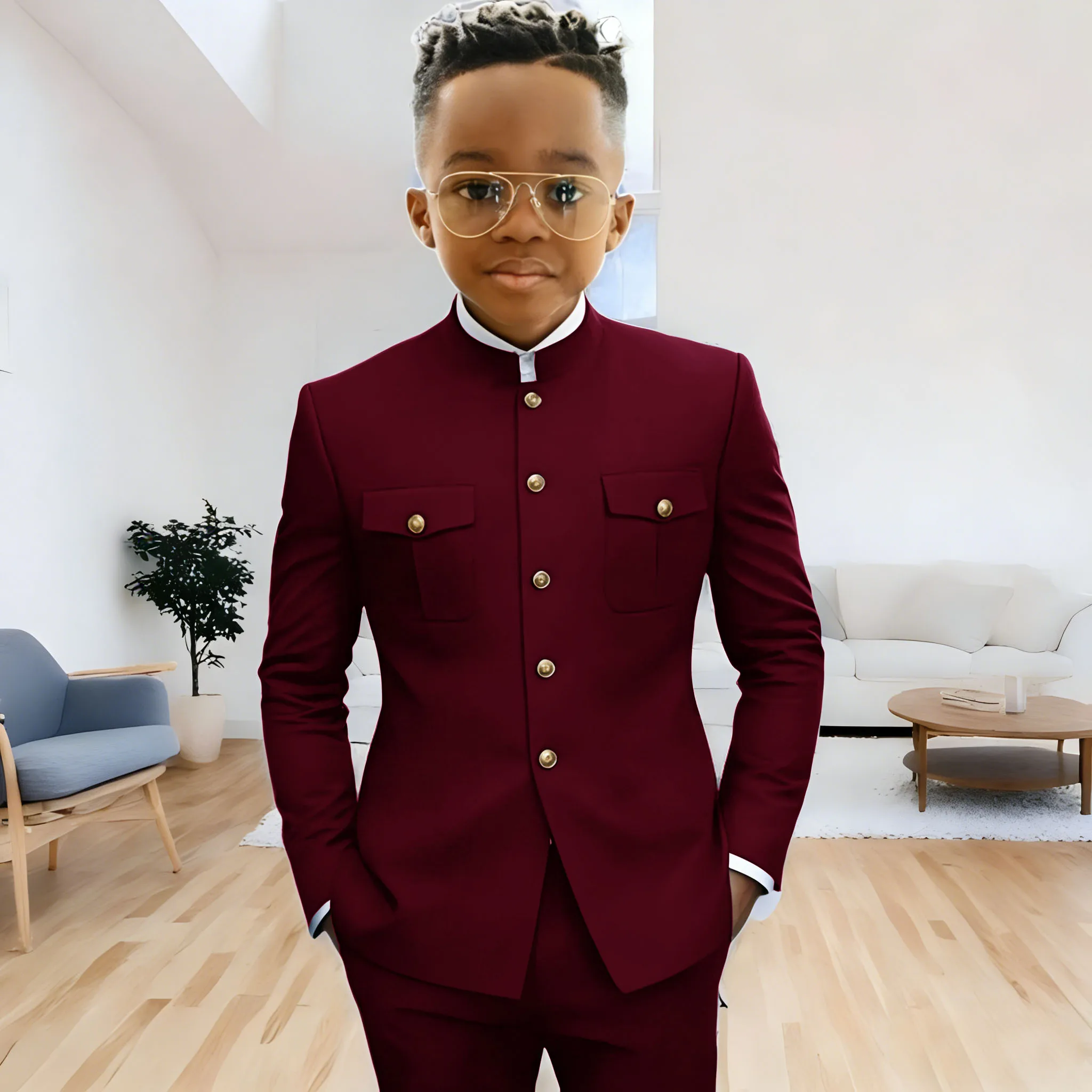 Light Grey Boy African Style Stand Collar Suit Fashion Boy Formal Wear Wedding Dress Costume Kids 2 Piece Set Jacket+Pants