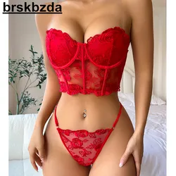 Brskbzda 2 Pieces Fairy Lace Lingerie Set Woman Sexy Underwear Uncensored Transparent Bilizna Floral Red Off Shoulder Intimate