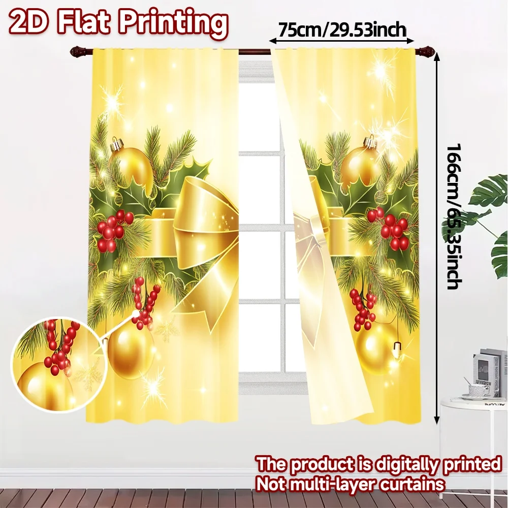 2pcs,Curtains Christmas Bow Holly Berries Ornaments Chic Light Filtering Curtains Machine Washable Fabric Curtains Decorations