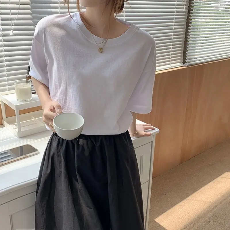 

Women Short Sleeved T-shirt Round Neck Base Shirt Half Sleeve Black Pure Cotton Summer Pure Cotton Top Ins New