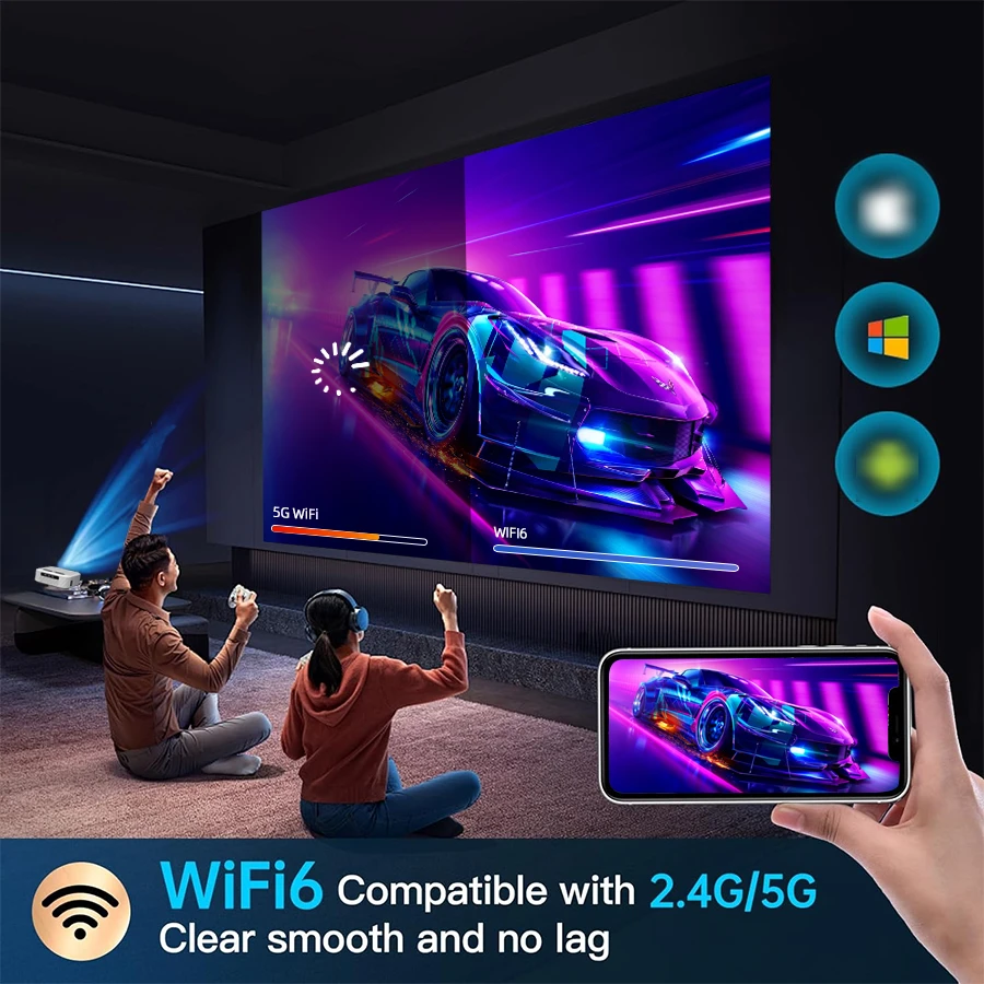 4K Smart Projector 1920 * 1080P Full HD 5G Wifi Control Home Theater Supports HDMI and Wifi Connections Built in Android System