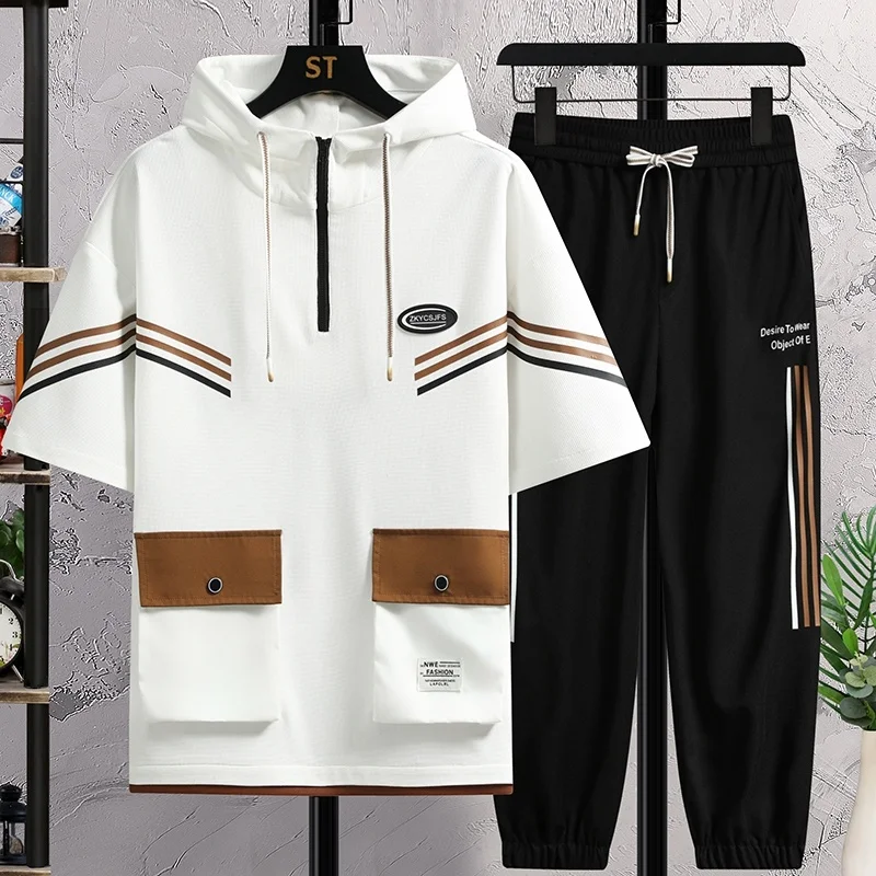 

Casual Two Piece Sets 2023 Summer Mens Short Sleeve Hooded T-Shirt And Long-Length Pants Suit Youth Tracksuit Streetwear Top Tee
