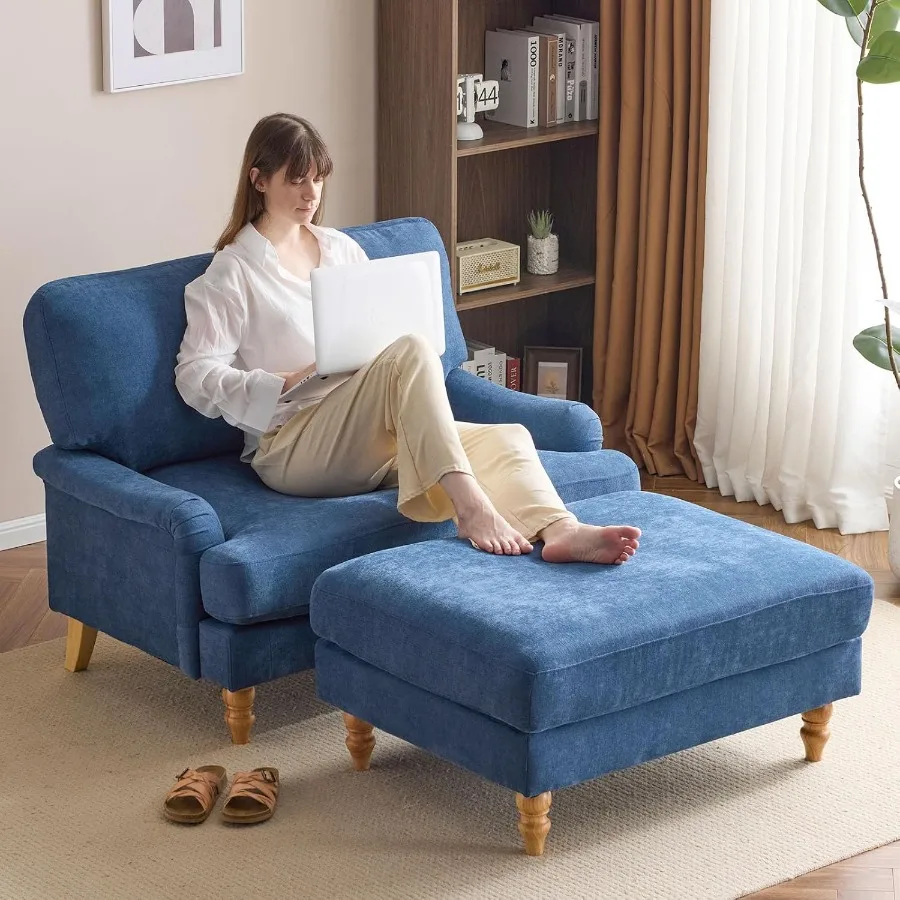 Duży fotel rozkładany do salonu, tapicerowany, z podnóżkiem, drewniane nogi, duży wygodny fotel wypoczynkowy z podłokietnikami do salonu.