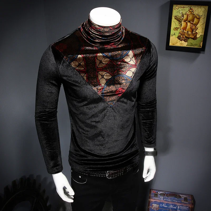 Autumn Winter Men Velvet T Shirt Tops Male Slim Fit Turtleneck T-Shirts Long Sleeve Tee Shirt M-4XL Royal T Shirt Men