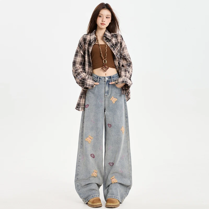 

Y2K Loose Jeans Women Pants Casual Comfortable Retro Embroidery Bear Wide Leg Denim Trousers Streetwear Fashion