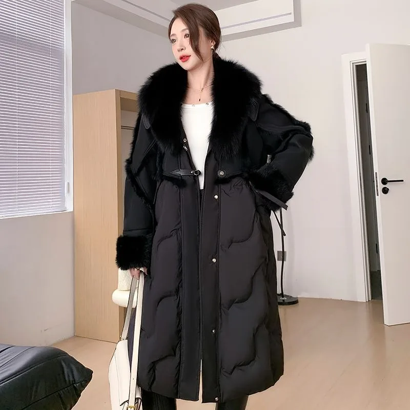 High-end jaqueta de pele de ganso de raposa inverno 2025 moda casaco solto novo pescoço de pele médio e longo