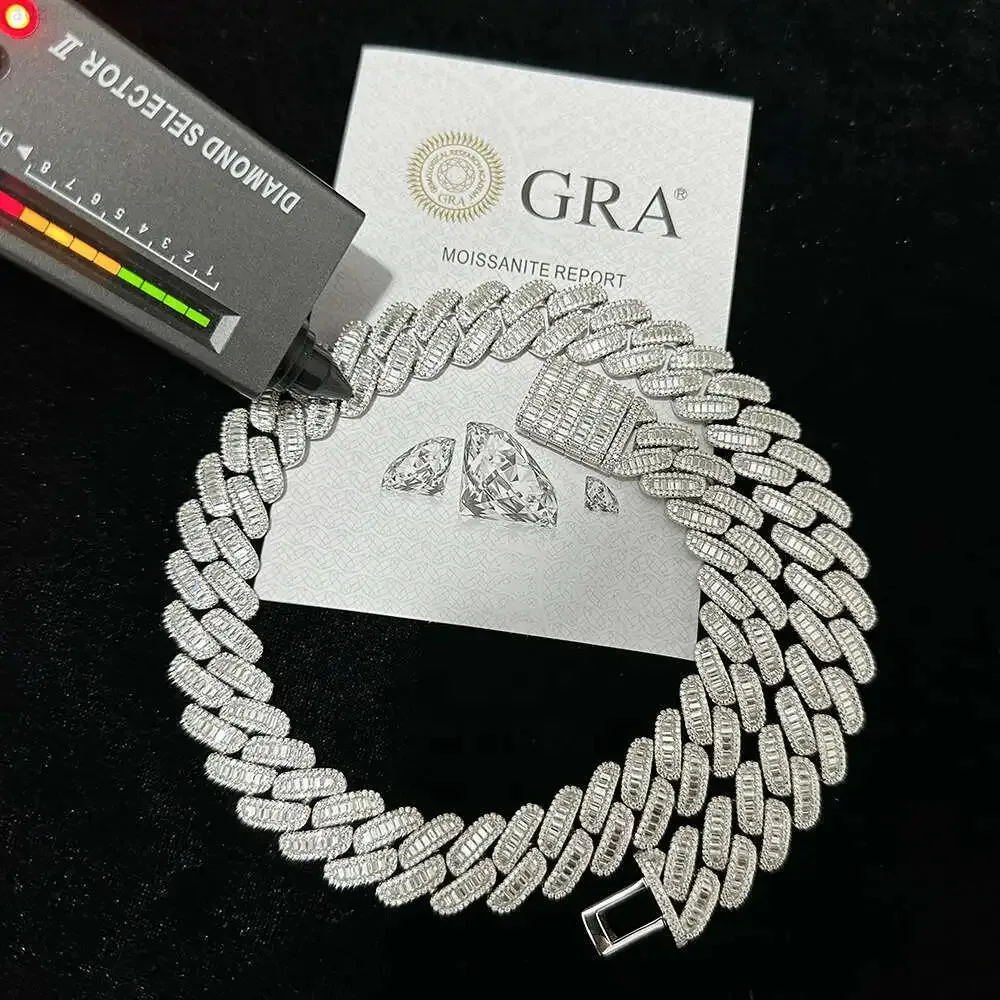 

18 мм S925 Серебро Iced Out Полностью Vvs Багет Муассанит Роскошная кубинская цепочка с бриллиантами Мужское ожерелье Хип-хоп Ювелирные изделия