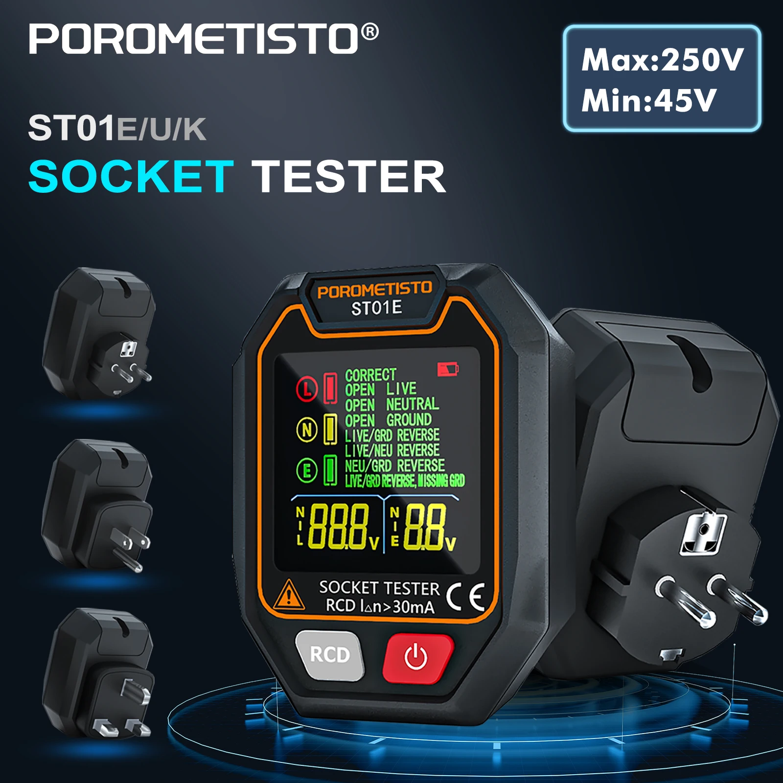 POROMETISTO ST01 Digital Socket Tester Voltage Tester 30mA RCD Socket Detector Polarity Check Detector US/EU/UK Circuit Checker