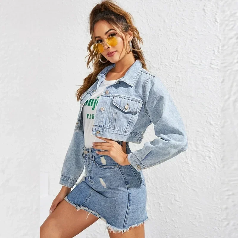 

Women Denim Jacket Fashion Lapel Ultra-short Jackets Women Single-breasted Long-sleeved Versatile Pocket Stitching Coat 2025