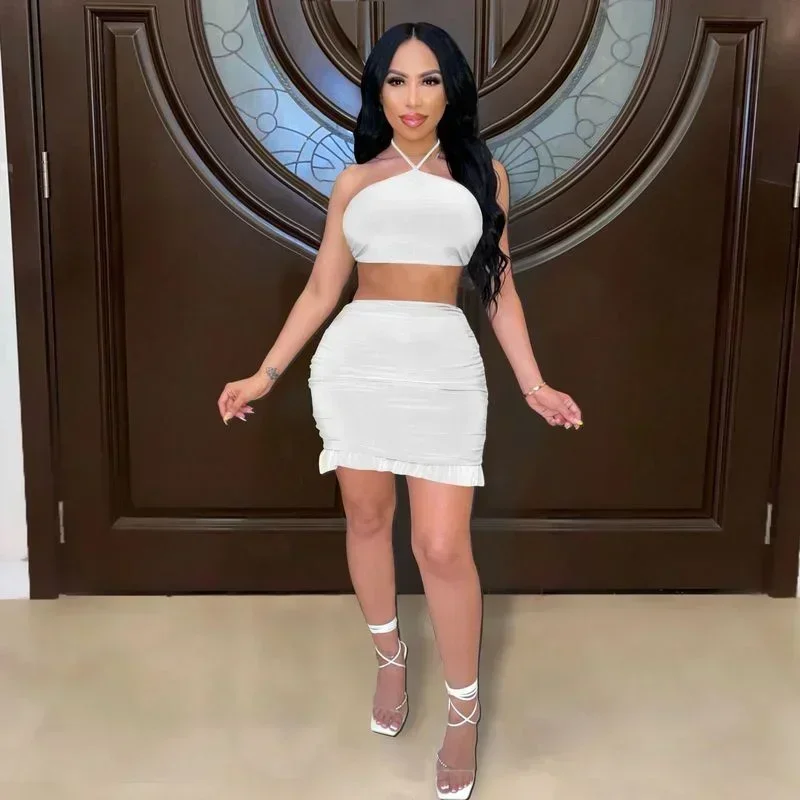 

Женский комплект GUWU: укороченный топ с бретелью через шею и юбка А-силуэта с оборками, 2 предмета, для сексуальных вечеринок, спортивный костюм