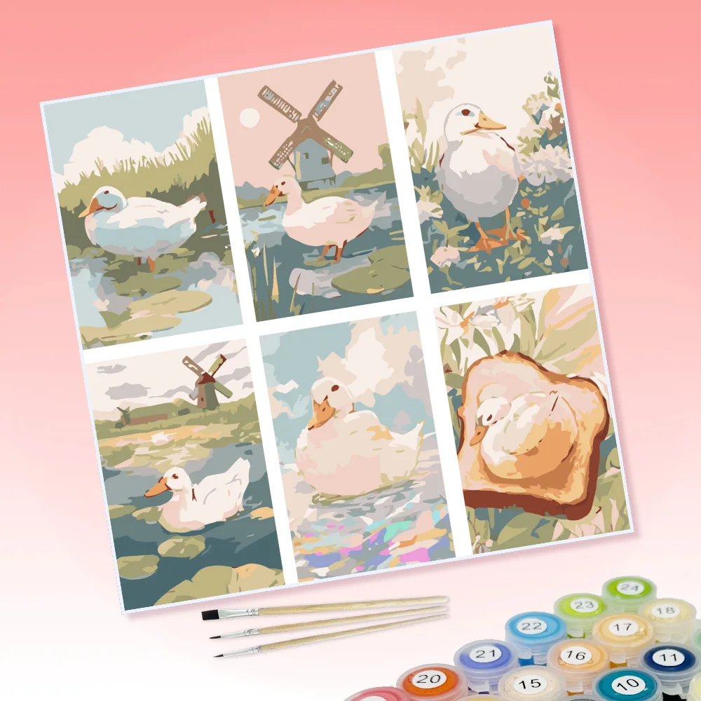 6 Groups of Paintings Country-style White Duck Painting By Numbers Kit DIY Acrylic Artwork Canvas Art Gift Home