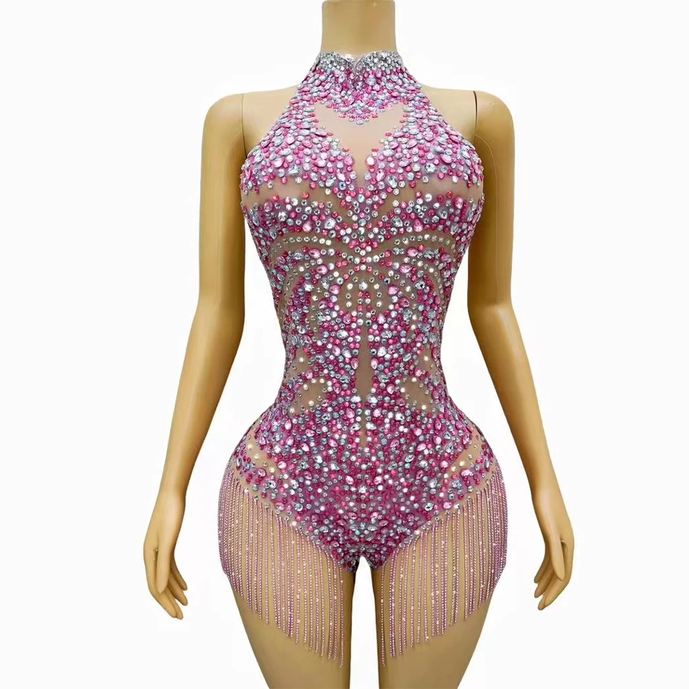 Sexy Flashing Pink Rhinestones Crystals Chains Fringes Leotard Evening Birthday Backless Bodysuit Club Dance Photoshoot Outfit