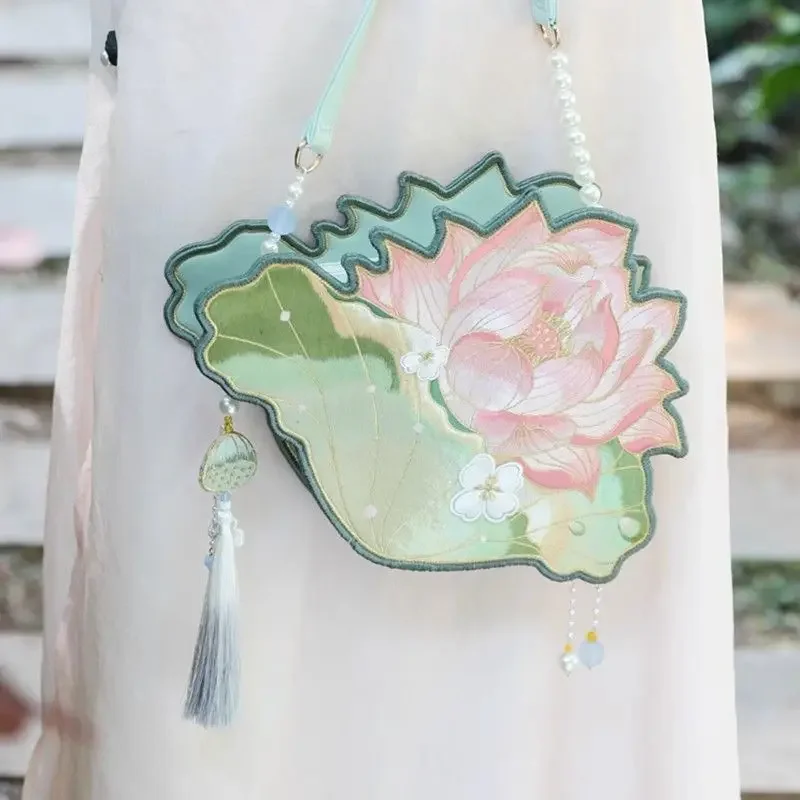Lolita Girls Chinese Style Lotus Embroidered Zipper Shoulder Bag Female Hanfu Tassel Handbag Coin Purse Women Girl Gift
