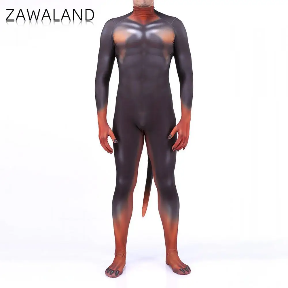 

Zawaland Dobermans Cosplay Costume Men Full Bodysuit with Tail Adult Long Sleeve Crotch Zipper Party Jumpsuit Halloween Clothes