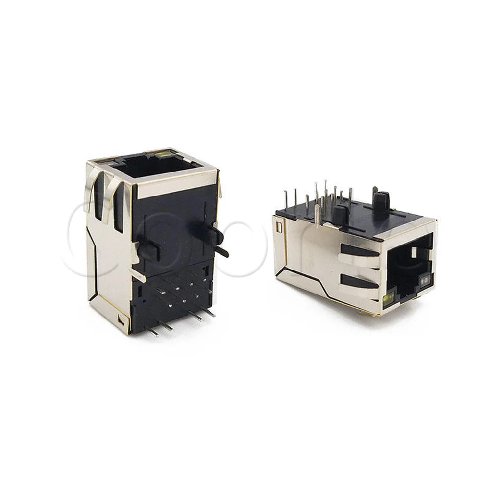 5PCS RJ45 Connector 100M Bits Transformer 8P8C With Light 59 Network Socket Vertical 180 Degrees DIP PCB Snap Upward