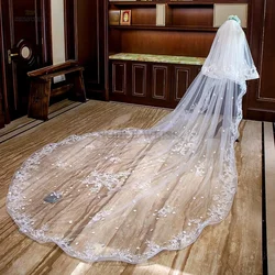 Véus de casamento longos com pente, duas camadas, apliques, véu de noiva, borda de renda, tule, acessórios 3m * 4m, personalizado