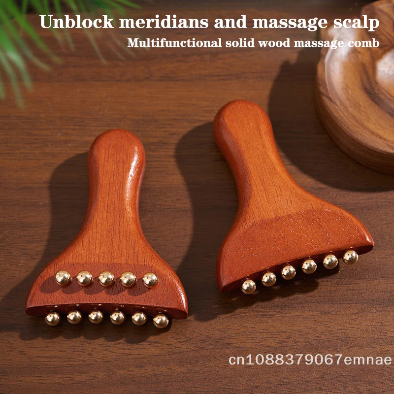

[ZYAS] Массажер для лица Gua Sha для лимфодренажа и расслабления, деревянный, с латунными и золотыми бусинами, инструмент для лифтинга лица