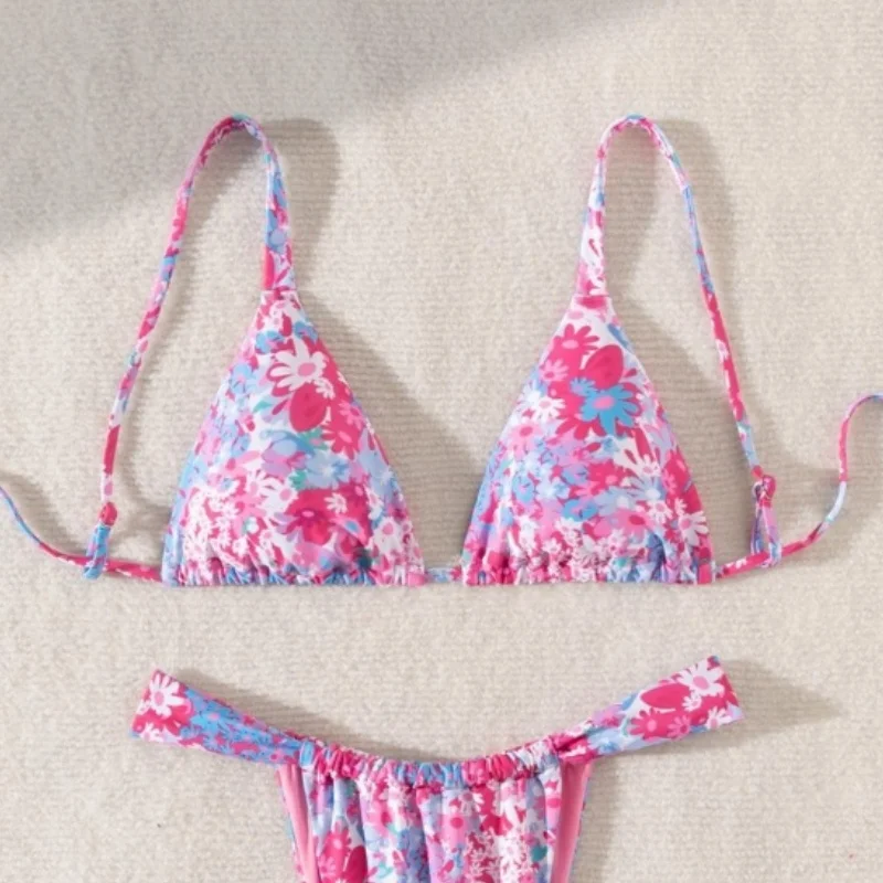 Drukowane Bikini Push Up Kostium Kąpielowy Damski Sexy Sznurowane Bez Pleców Trójkątne Stringi Mikro Bikini 2025 Nowy Strój Kąpielowy Dwuczęściowy na Wakacje na Plaży