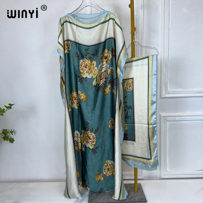 WINYI 2024 New African Women Dashiki boho print muslim woman dubai Free Size Design With Scarf Maxi Loose African Elegant Dress