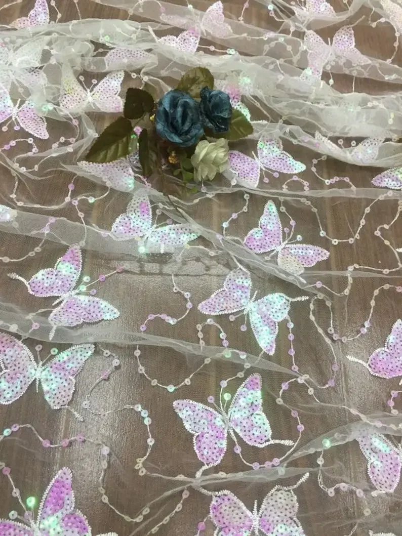 

Colorful Sequins Butterfly embroidery Lace Fabric butterfly Soft Tulle Fabric For Girl Dress Tutu Dress Wedding Dress