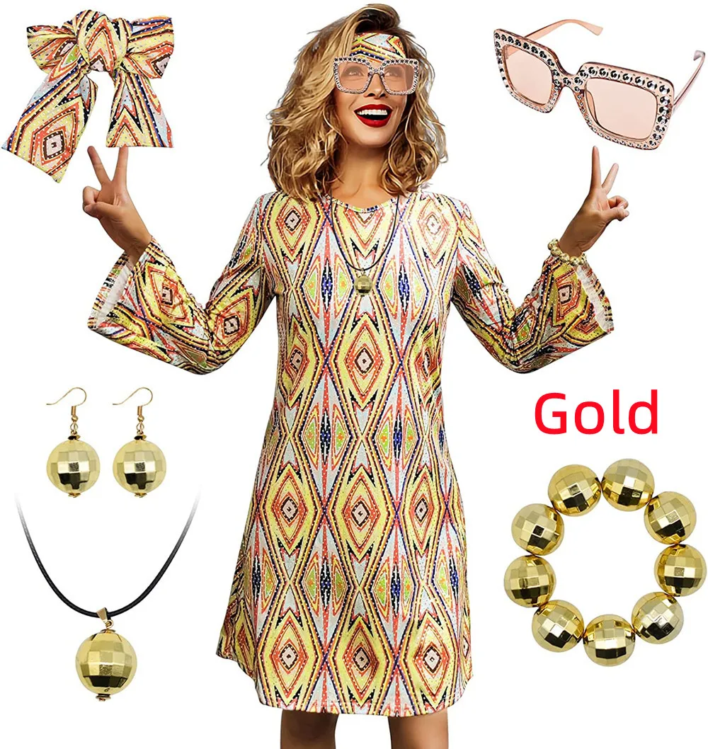 Women\'s Halloween Floral 1960\'s 1970\'s Hippie Costume Dress Women Hippie Costume Set  Halloween Party Disco 70\'s Dance Costume S