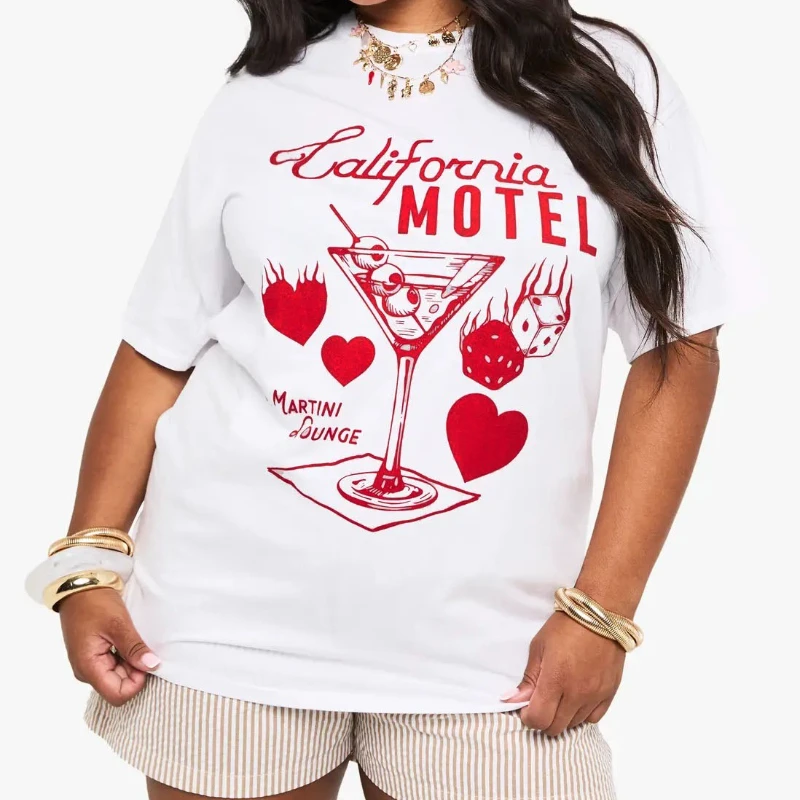 

Женская футболка больших размеров в стиле ретро, Калифорния, мотеля, графическая футболка в стиле гранж Y2k, эстетическая футболка Martini, милый коктейльный свободный хлопковый топ